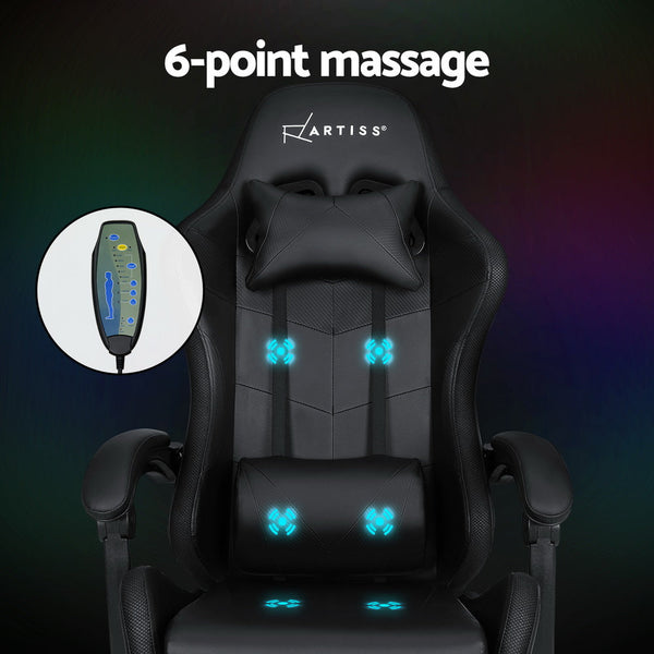 Artiss 6 Point Massage Gaming Office Chair 7 Led Footrest Black Office Chairs