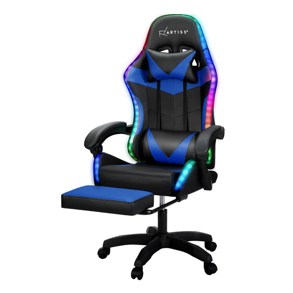 Artiss 6 Point Massage Gaming Office Chair 7 Led Footrest Blue Office Chairs