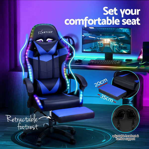 Artiss 6 Point Massage Gaming Office Chair 7 Led Footrest Blue Office Chairs