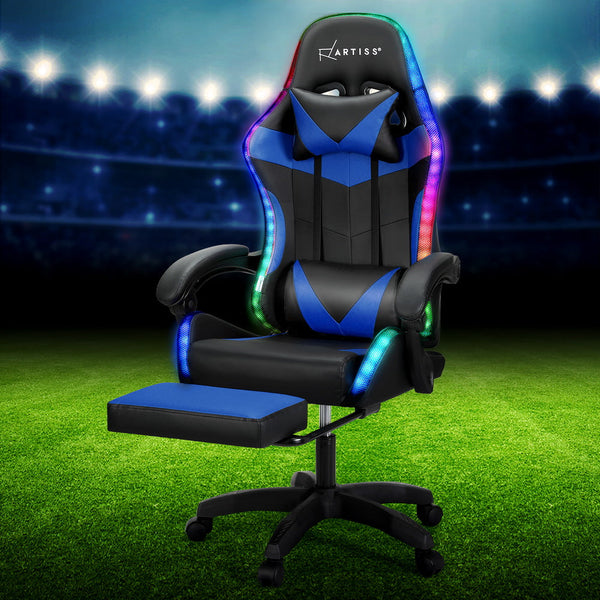Artiss 6 Point Massage Gaming Office Chair 7 Led Footrest Blue Office Chairs
