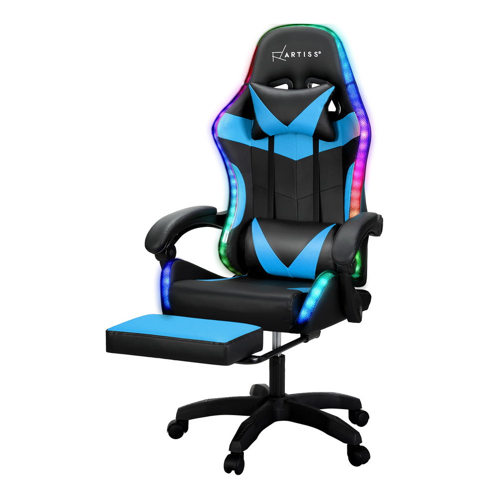 Artiss 6 Point Massage Gaming Office Chair 7 Led Footrest Cyan Blue Office Chairs