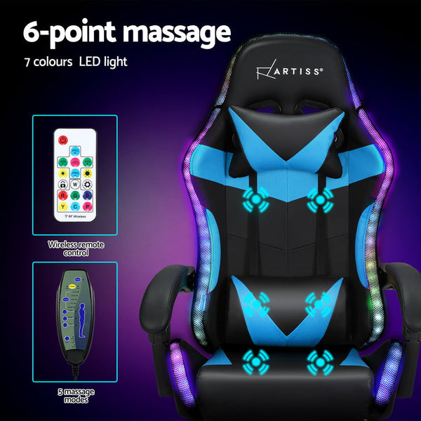 Artiss 6 Point Massage Gaming Office Chair 7 Led Footrest Cyan Blue Office Chairs