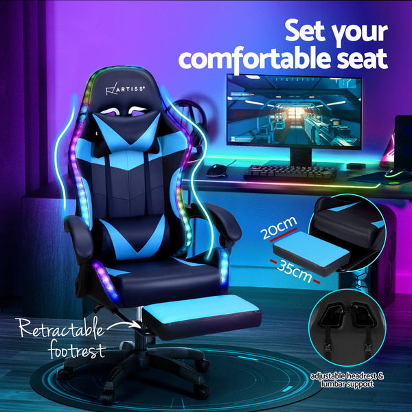 Artiss 6 Point Massage Gaming Office Chair 7 Led Footrest Cyan Blue Office Chairs