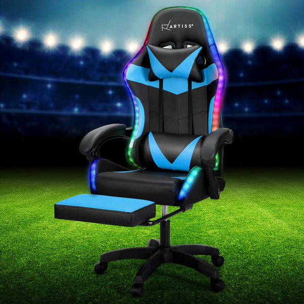 Artiss 6 Point Massage Gaming Office Chair 7 Led Footrest Cyan Blue Office Chairs