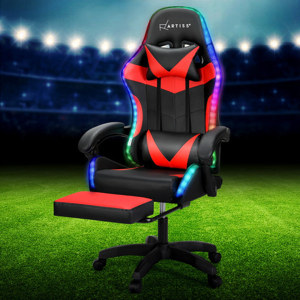 Office Chairs Artiss 6 Point Massage Gaming Office Chair 7 Led Footrest Red