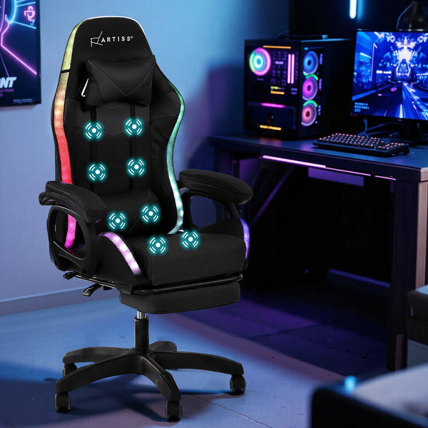 Artiss Gaming Office Chair 12 Rgb Led Massage Computer Work Seat Footrest Black Office Chairs