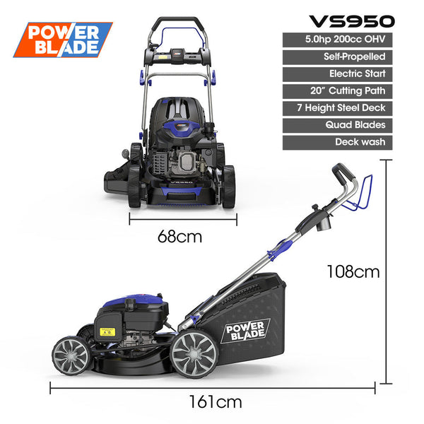 Powerblade 20' 200Cc Self Propelled Lawn Mower Electric Start 7 Height Steel Deck Wash Port Ohv 4 Stroke Petrol Vs950 Lawn Mowers