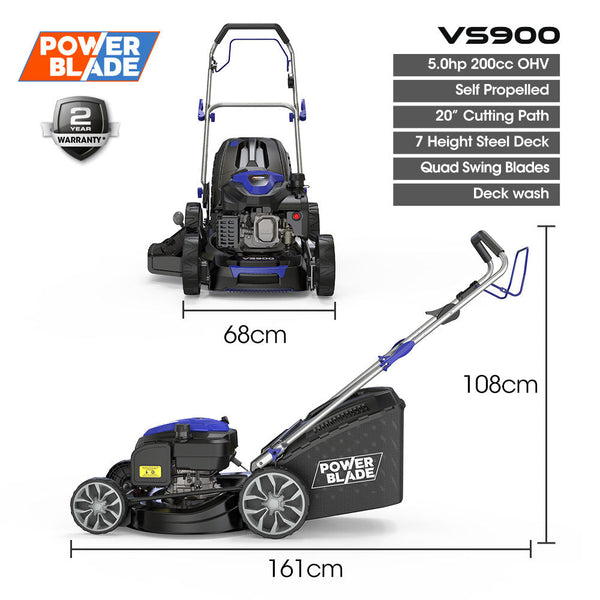 Powerblade 20' 200Cc Self Propelled Lawn Mower 7 Height Steel Deck Wash Port Ohv 4 Stroke Petrol Vs900 Lawn Mowers