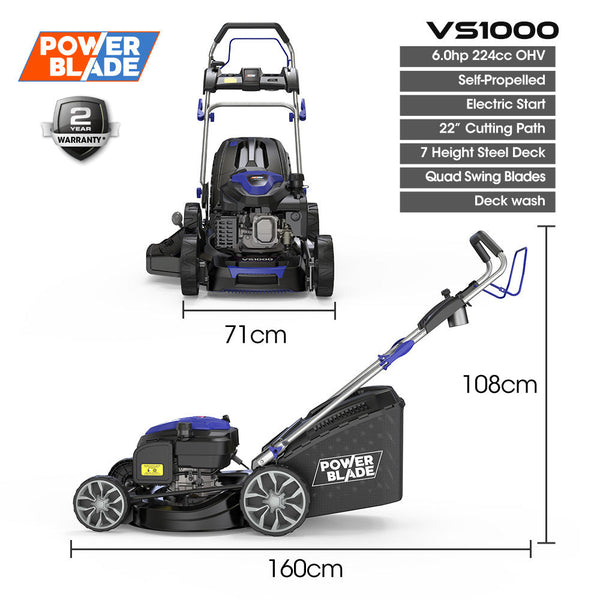 Powerblade 22' 224Cc Self Propelled Lawn Mower Electric Start 7 Height Steel Deck Wash Port Ohv Stroke Petrol Vs1000 Lawn Mowers