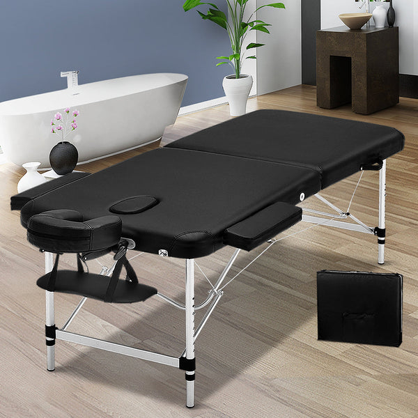 Zenses Massage Table 75Cm Portable 2 Fold Aluminium Beauty Bed Black Massage Tables & Chairs