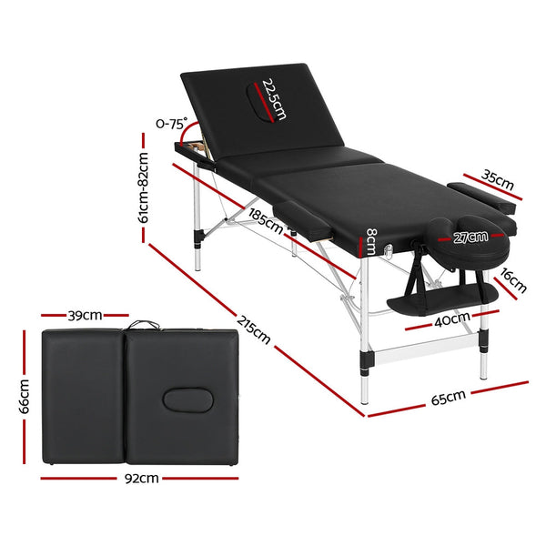 Zenses Massage Table 65Cm Portable 3 Fold Aluminium Beauty Bed Black Massage Tables & Chairs