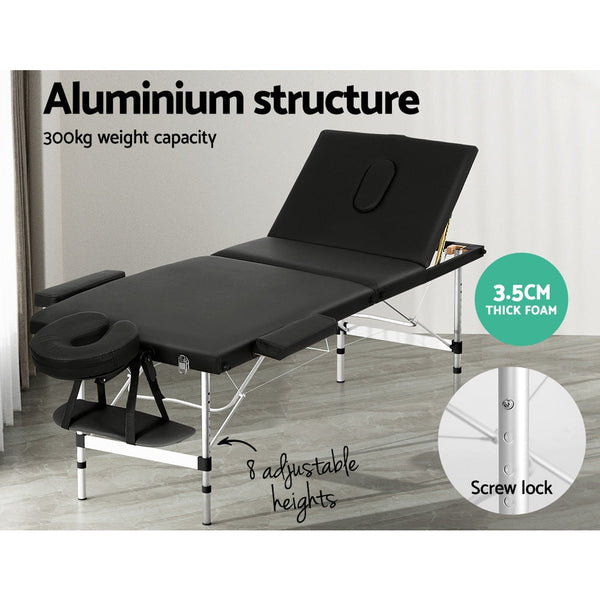 Zenses Massage Table 65Cm Portable 3 Fold Aluminium Beauty Bed Black Massage Tables & Chairs