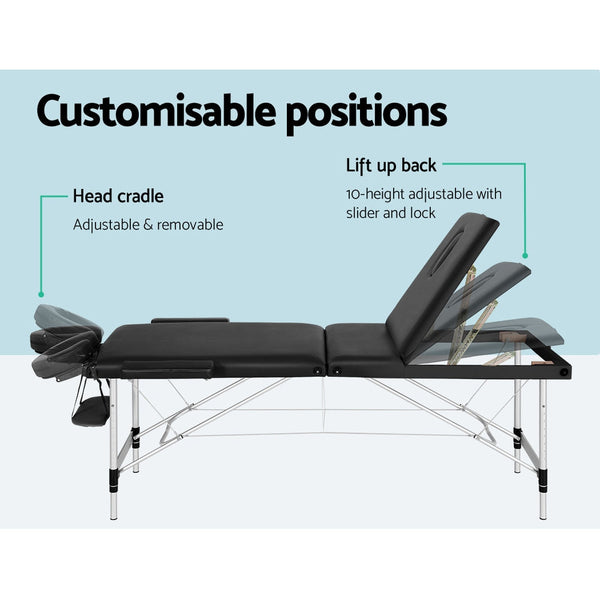Zenses Massage Table 65Cm Portable 3 Fold Aluminium Beauty Bed Black Massage Tables & Chairs