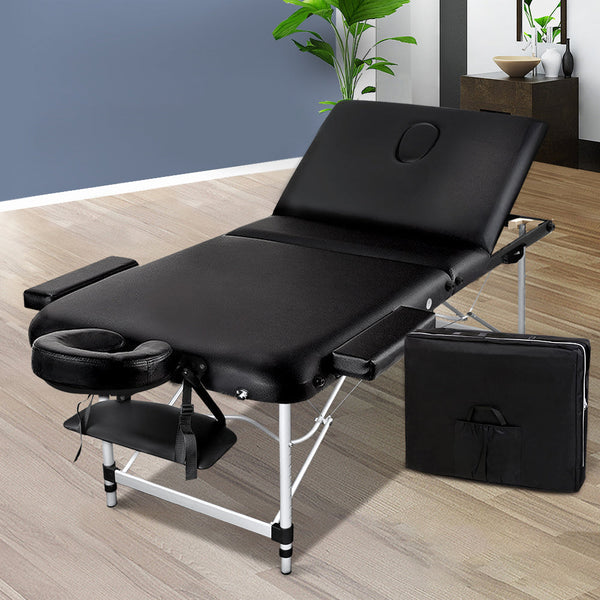 Zenses Massage Table 75Cm Portable 3 Fold Aluminium Beauty Bed Black Massage Tables & Chairs