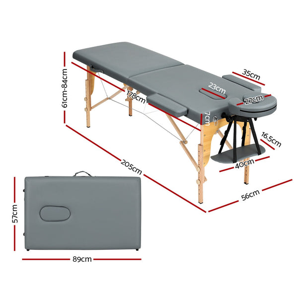 Zenses Massage Table 56Cm Portable 2 Fold Wooden Beauty Bed Grey Massage Tables & Chairs