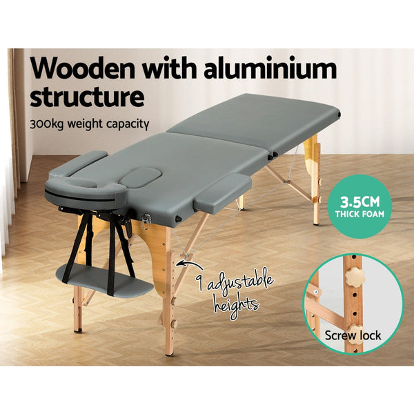 Zenses Massage Table 56Cm Portable 2 Fold Wooden Beauty Bed Grey Massage Tables & Chairs