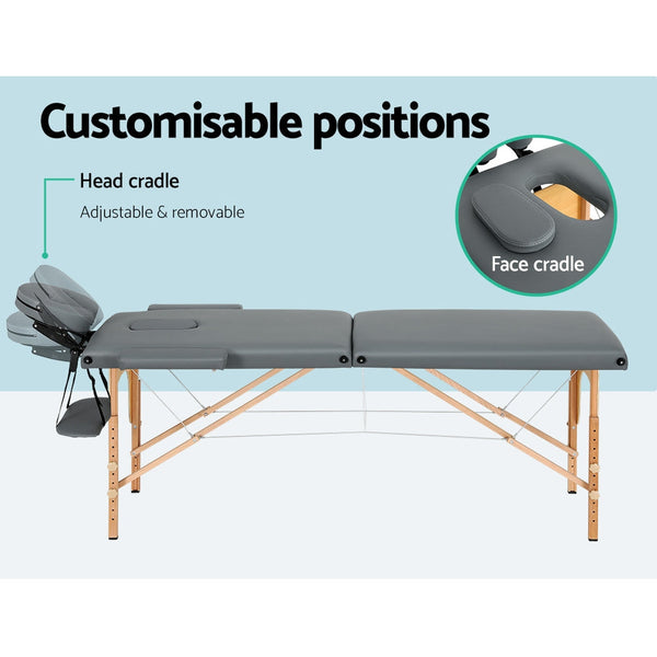 Zenses Massage Table 56Cm Portable 2 Fold Wooden Beauty Bed Grey Massage Tables & Chairs