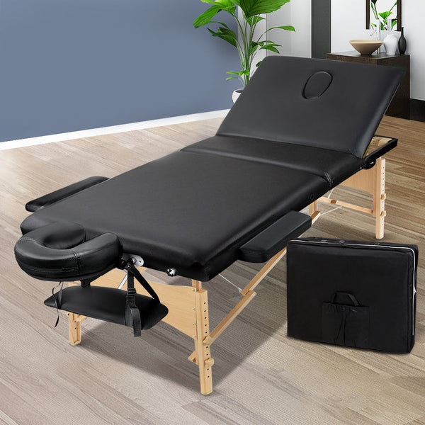 Zenses Massage Table 70Cm Portable 3 Fold Wooden Beauty Bed Black Massage Tables & Chairs