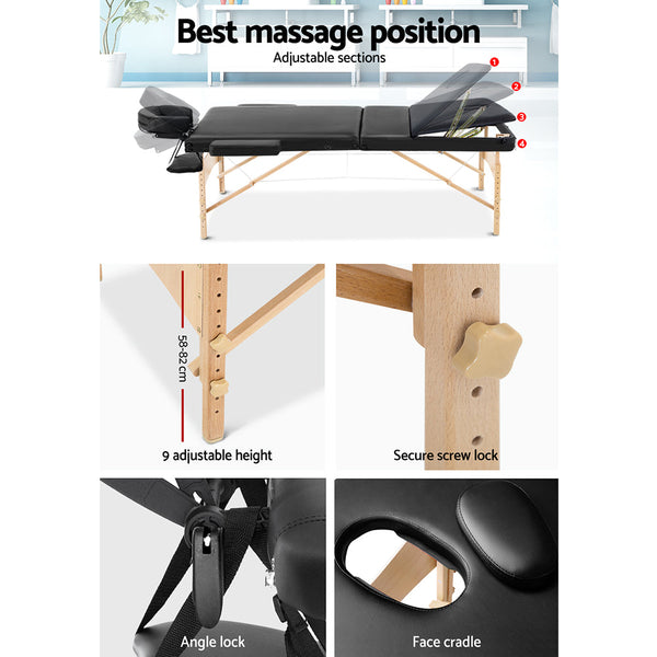 Zenses Massage Table 70Cm Portable 3 Fold Wooden Beauty Bed Black Massage Tables & Chairs