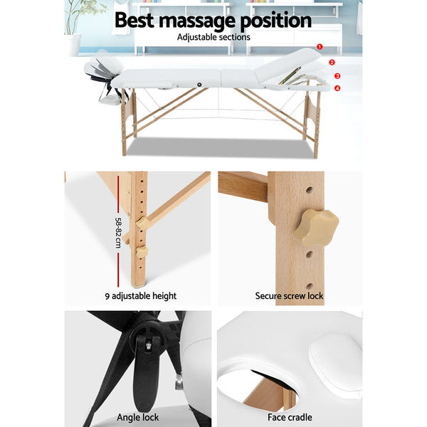 Zenses Massage Table 70Cm Portable 3 Fold Wooden Beauty Bed White Massage Tables & Chairs