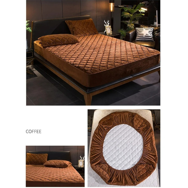 Mattress Cover Coffee Double Size Crystal Velvet Thicken Quilted Plush Bed Sheet Mattress Toppers & Protectors