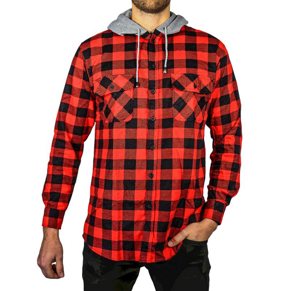 Jacksmith Mens Cotton Flannelette Shirt W Jersey Hood Long Sleeve Red/Black Casual Shirts