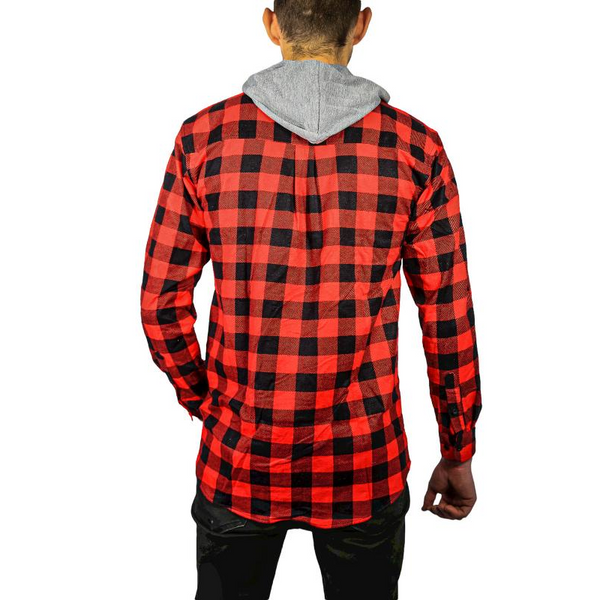 Jacksmith Mens Cotton Flannelette Shirt W Jersey Hood Long Sleeve Red/Black Casual Shirts