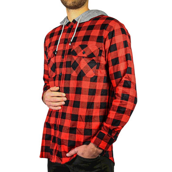 Jacksmith Mens Cotton Flannelette Shirt W Jersey Hood Long Sleeve Red/Black Casual Shirts