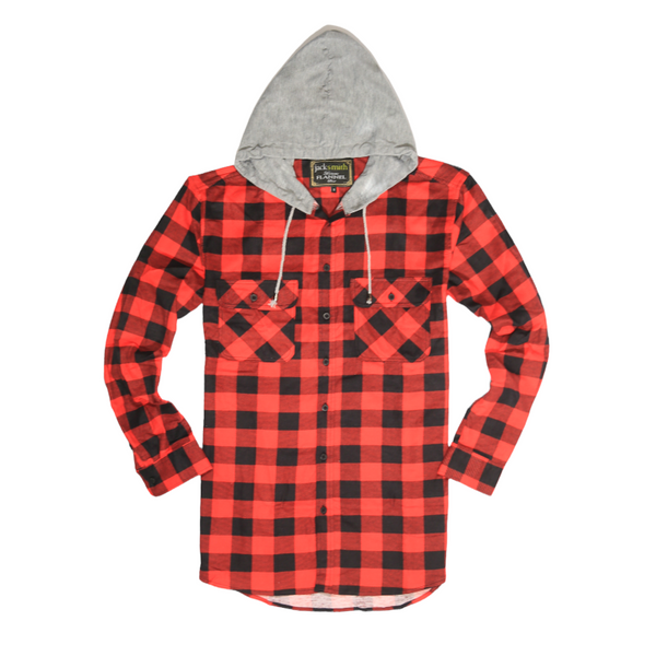 Jacksmith Mens Cotton Flannelette Shirt W Jersey Hood Long Sleeve Red/Black Casual Shirts