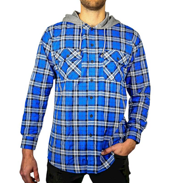 Jacksmith Mens Cotton Flannelette Shirt W Jersey Hood Long Sleeve Spanish Blue Casual Shirts