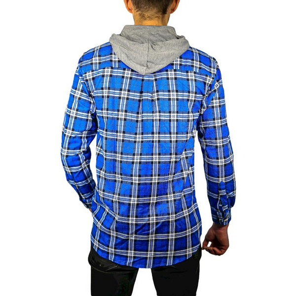Jacksmith Mens Cotton Flannelette Shirt W Jersey Hood Long Sleeve Spanish Blue Casual Shirts