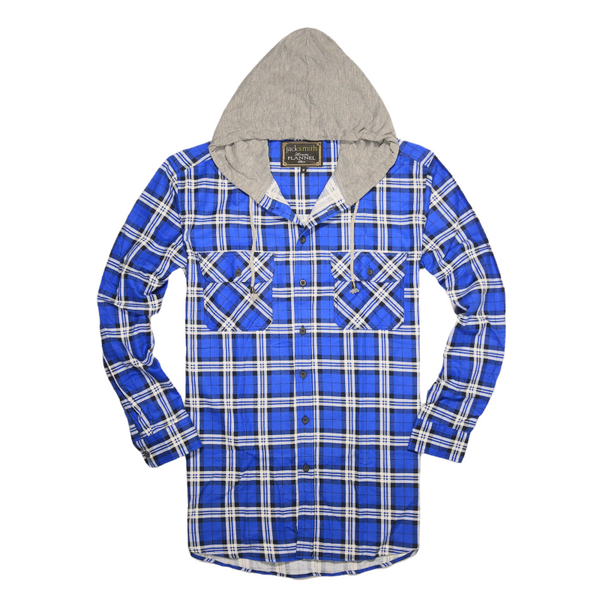 Jacksmith Mens Cotton Flannelette Shirt W Jersey Hood Long Sleeve Spanish Blue Casual Shirts