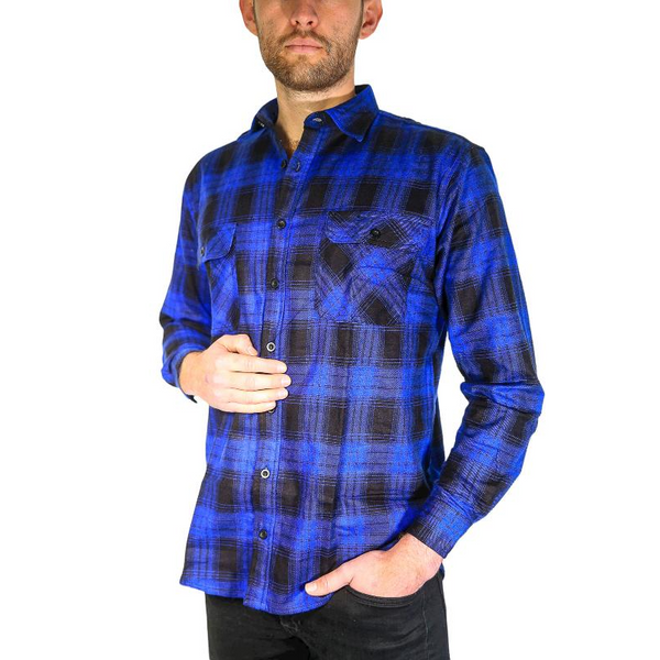 Jacksmith Mens Flannelette Long Sleeve Shirt 100% Cotton Check Authentic Full Placket Royal Blue Casual Shirts