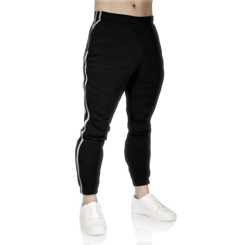 Pro West Mens Fleece Skinny Track Jogger Gym Casual Sweat Trackies Warm Trousers Black/White Stripe Pants