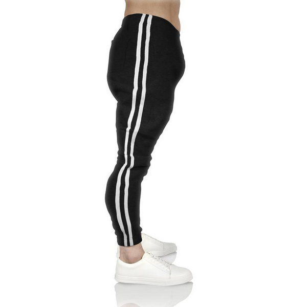Pro West Mens Fleece Skinny Track Jogger Gym Casual Sweat Trackies Warm Trousers Black/White Stripe Pants