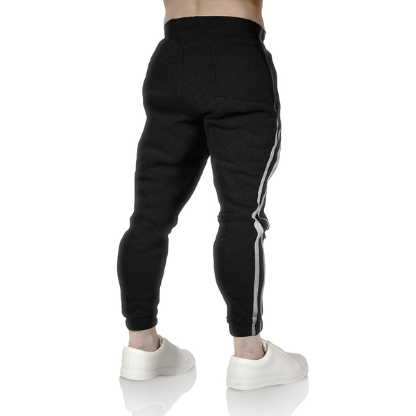 Pro West Mens Fleece Skinny Track Jogger Gym Casual Sweat Trackies Warm Trousers Black/White Stripe Pants