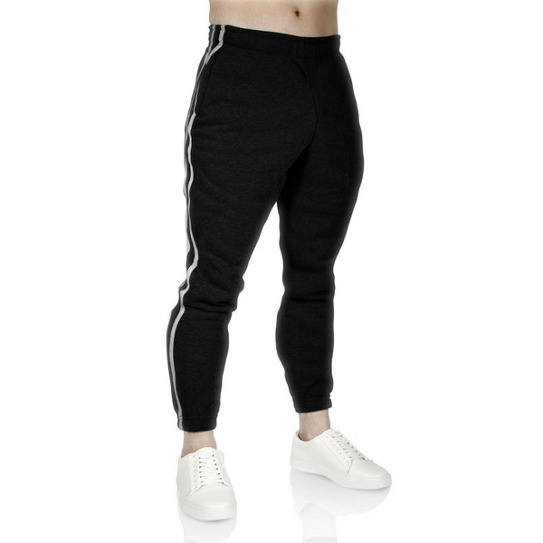 Pro West Mens Fleece Skinny Track Jogger Gym Casual Sweat Trackies Warm Trousers Black/White Stripe Pants