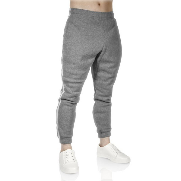 Pro West Mens Fleece Skinny Track Jogger Gym Casual Sweat Trackies Warm Trousers Grey Marle/White Stripe Pants