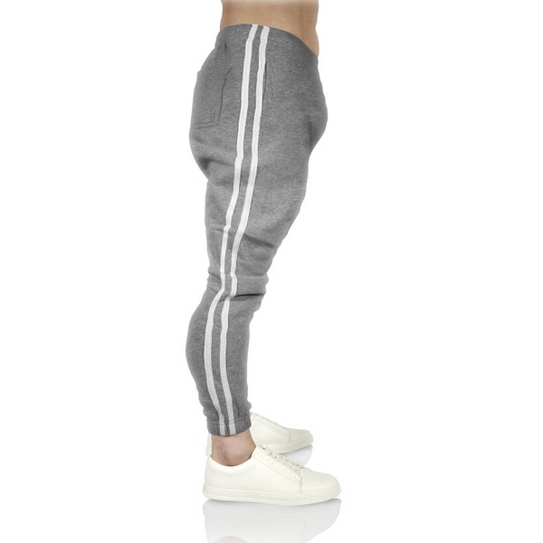 Pro West Mens Fleece Skinny Track Jogger Gym Casual Sweat Trackies Warm Trousers Grey Marle/White Stripe Pants