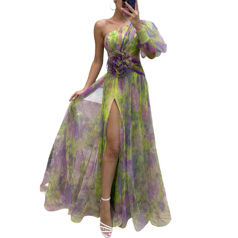 Mesh Tie Dye Printed Off Shoulder Slit Dress Summer Fashion Long Womens Dresses