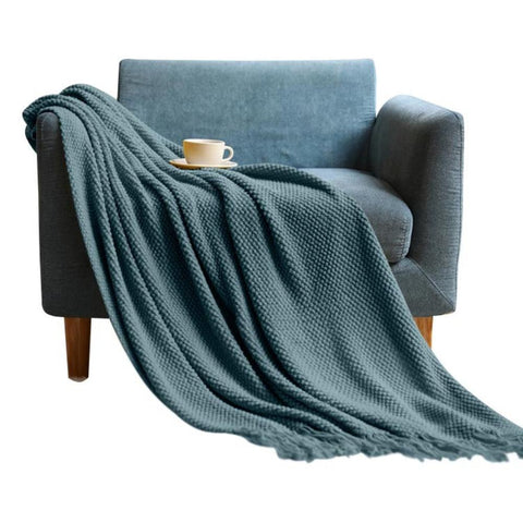 127 By 172 Centimetre Morandi Blue Blanket Decorative Thickened Knitted Corn Grain Waffle Embossed Winter Warm Tassels Throw Bedspread Blankets