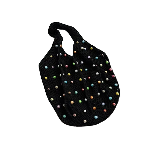 Elosung Black Summer Woven Handbag Hollow Straw Beach Tote With Colorful Beads Lazy Style Large Capacity Shoulder Bag For Vacation Women's Bags & Hand