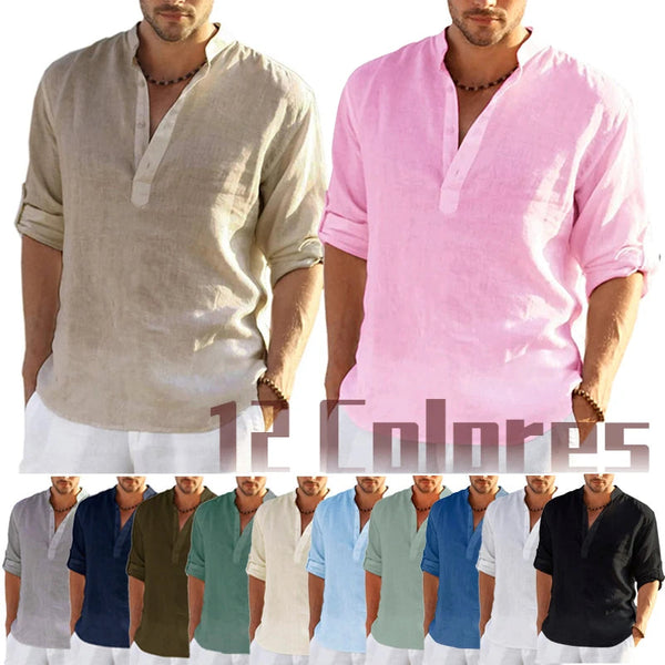 Men's Linen Long Sleeve T Shirt Solid Colour Loose Casual Cotton Casual Shirts