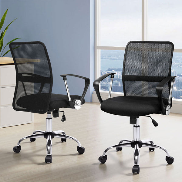 Artiss 2X Mesh Office Chair Mid Back Black Office Chairs