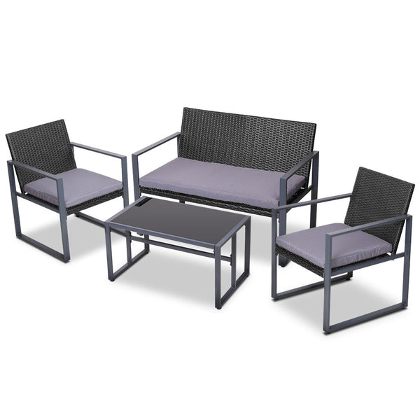 Gardeon 4 Pcs Outdoor Sofa Set Rattan Furniture Glass Top Table Chairs Black Patio Furniture Sets
