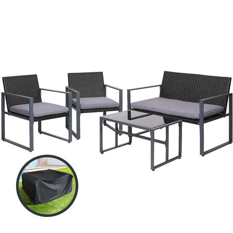 Gardeon 4 Pcs Outdoor Sofa Set Rattan Furniture With Storage Cover Chairs Black Outdoor Furniture Covers