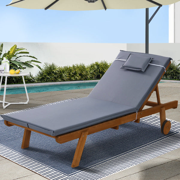 Gardeon Sun Lounge Wooden Lounger Outdoor Furniture Day Bed Wheels Patio Grey Loungers