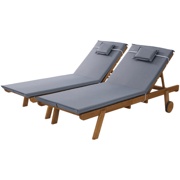 Gardeon 2X Sun Lounge Wooden Lounger Outdoor Furniture Day Bed Wheel Patio Grey Loungers