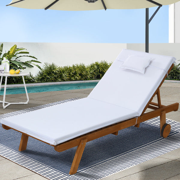 Gardeon Sun Lounge Wooden Lounger Outdoor Furniture Day Bed Wheels Patio White Loungers