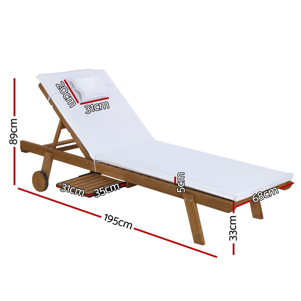 Gardeon Sun Lounge Wooden Lounger Outdoor Furniture Day Bed Wheels Patio White Loungers